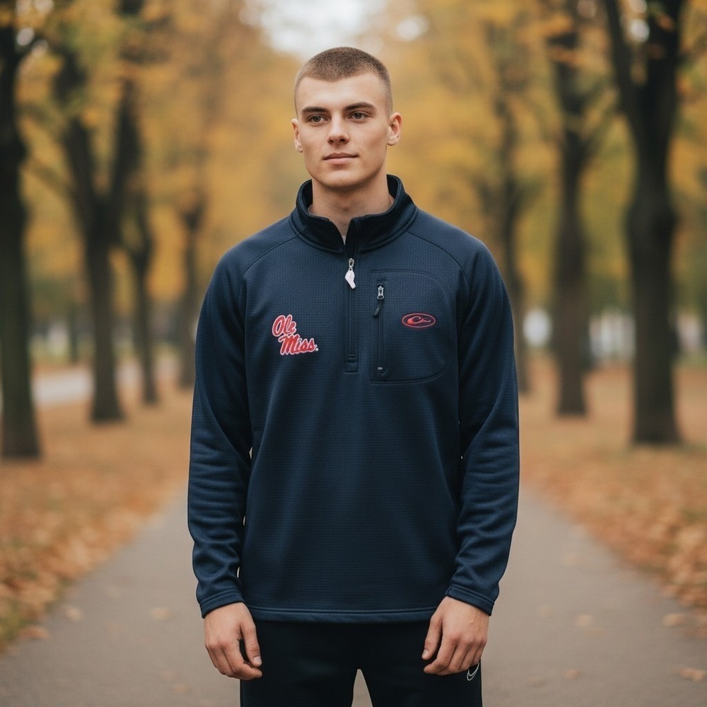 Drake Waterfowl Ole Miss Rebels Breathelite 1/4 Zip Pullover Navy Blue Large